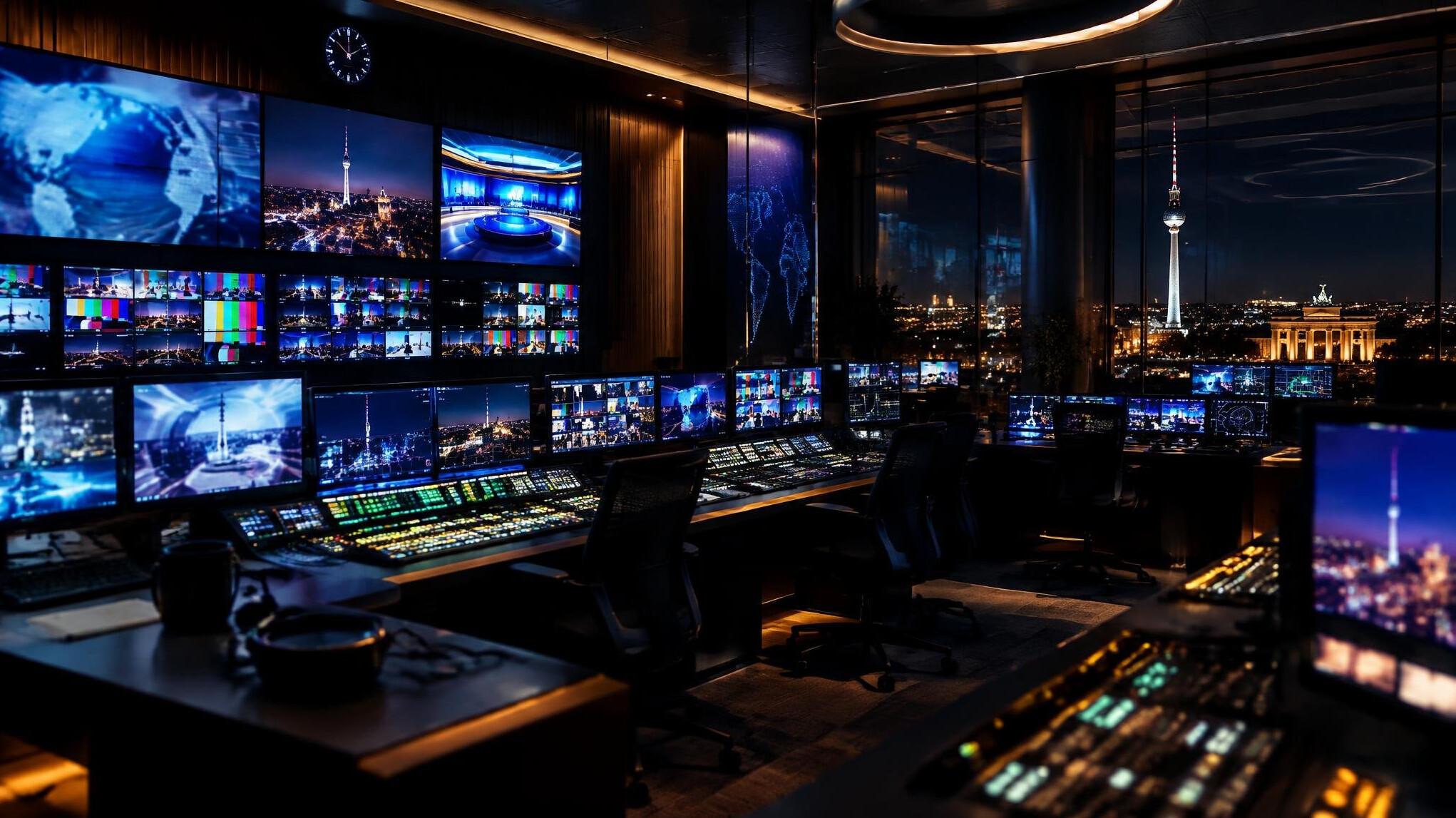 Wide view of a modern television control room with many monitors