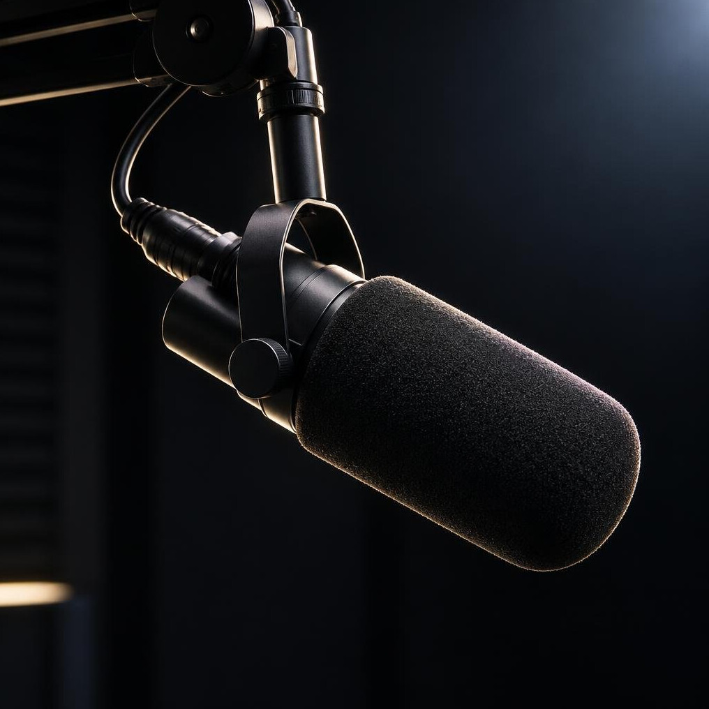 Studio microphone on a boom arm close-up