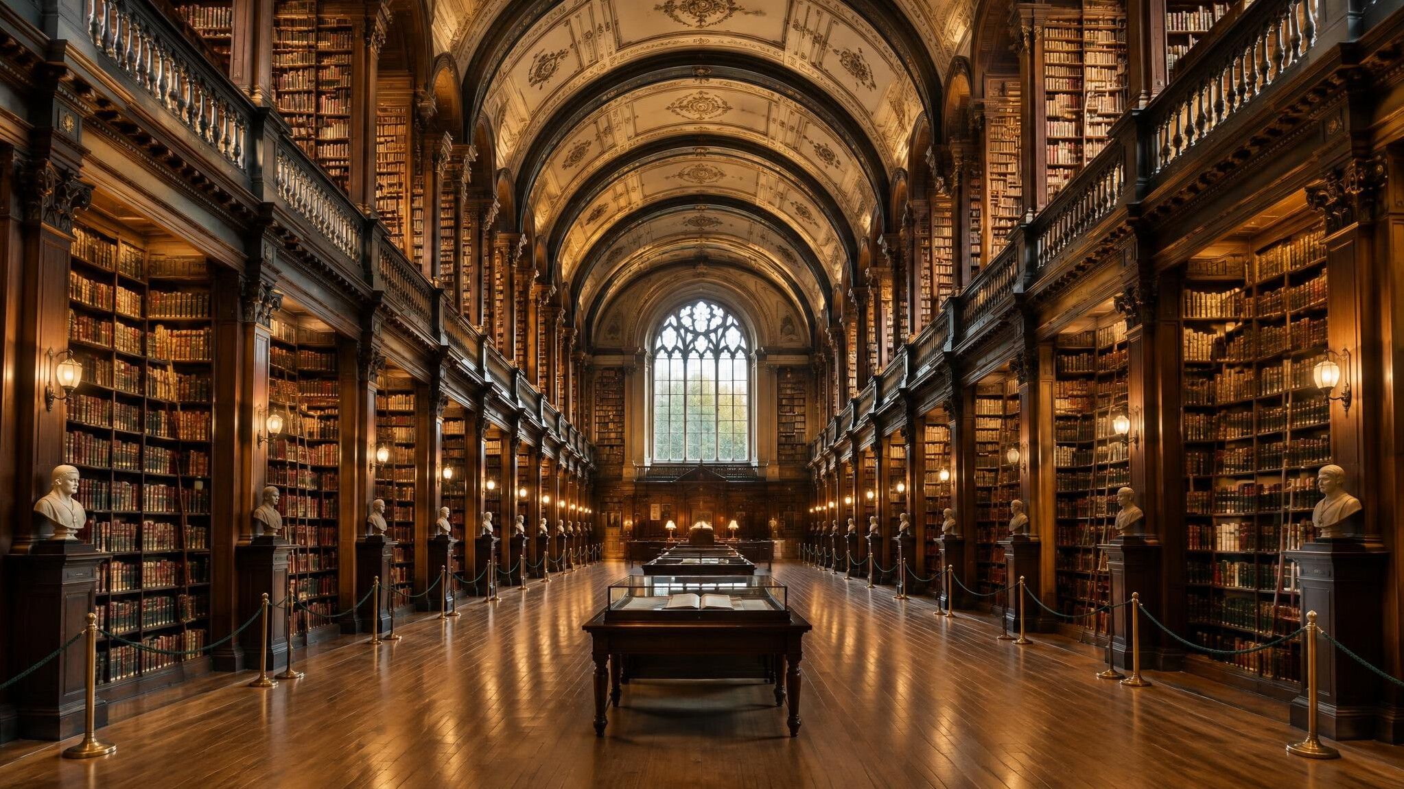 Grand historic library hall with arched ceiling