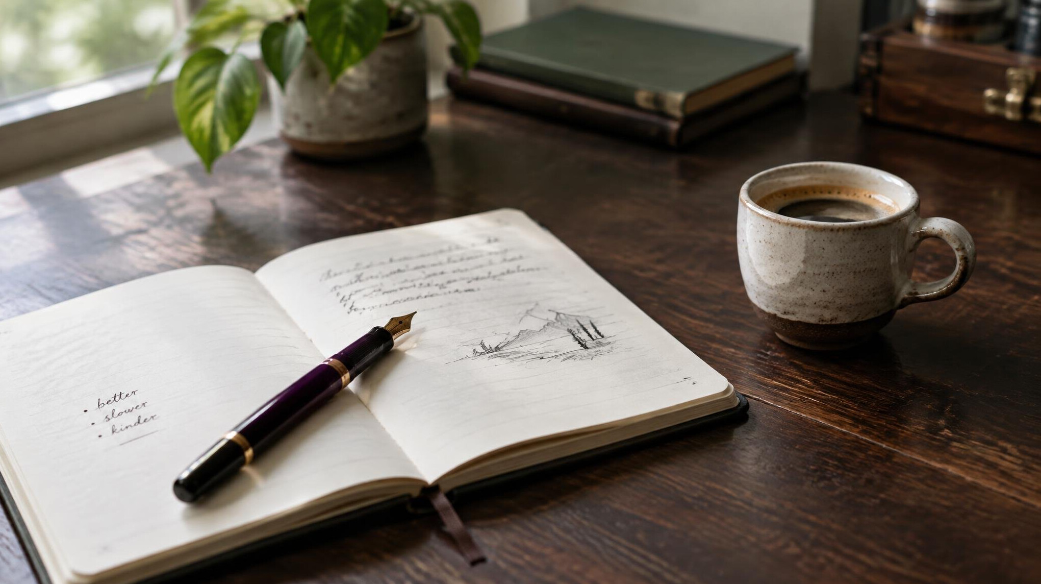 Notebook and pen on a wooden desk with a cup of coffee