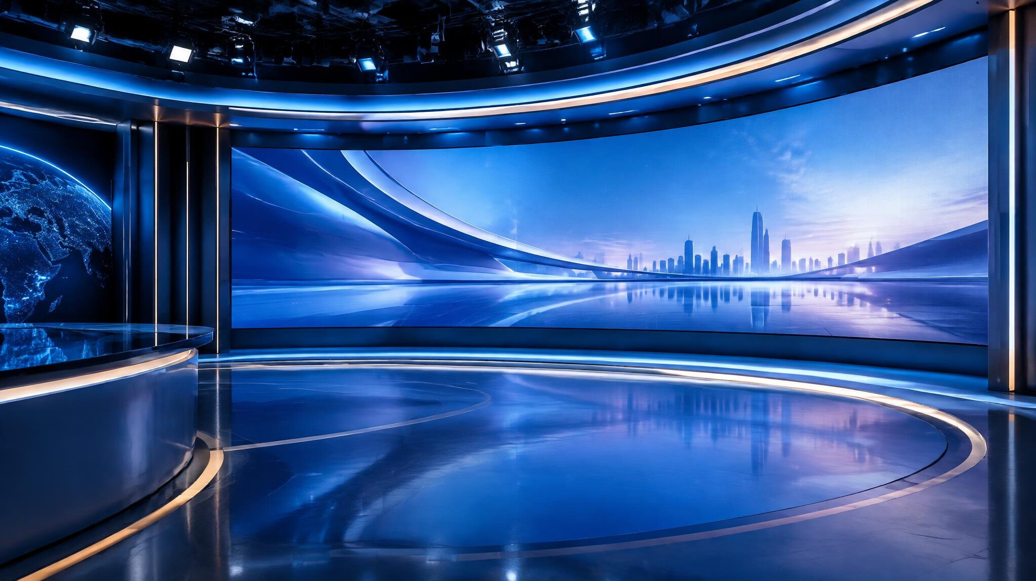Modern LED studio wall with glowing virtual set