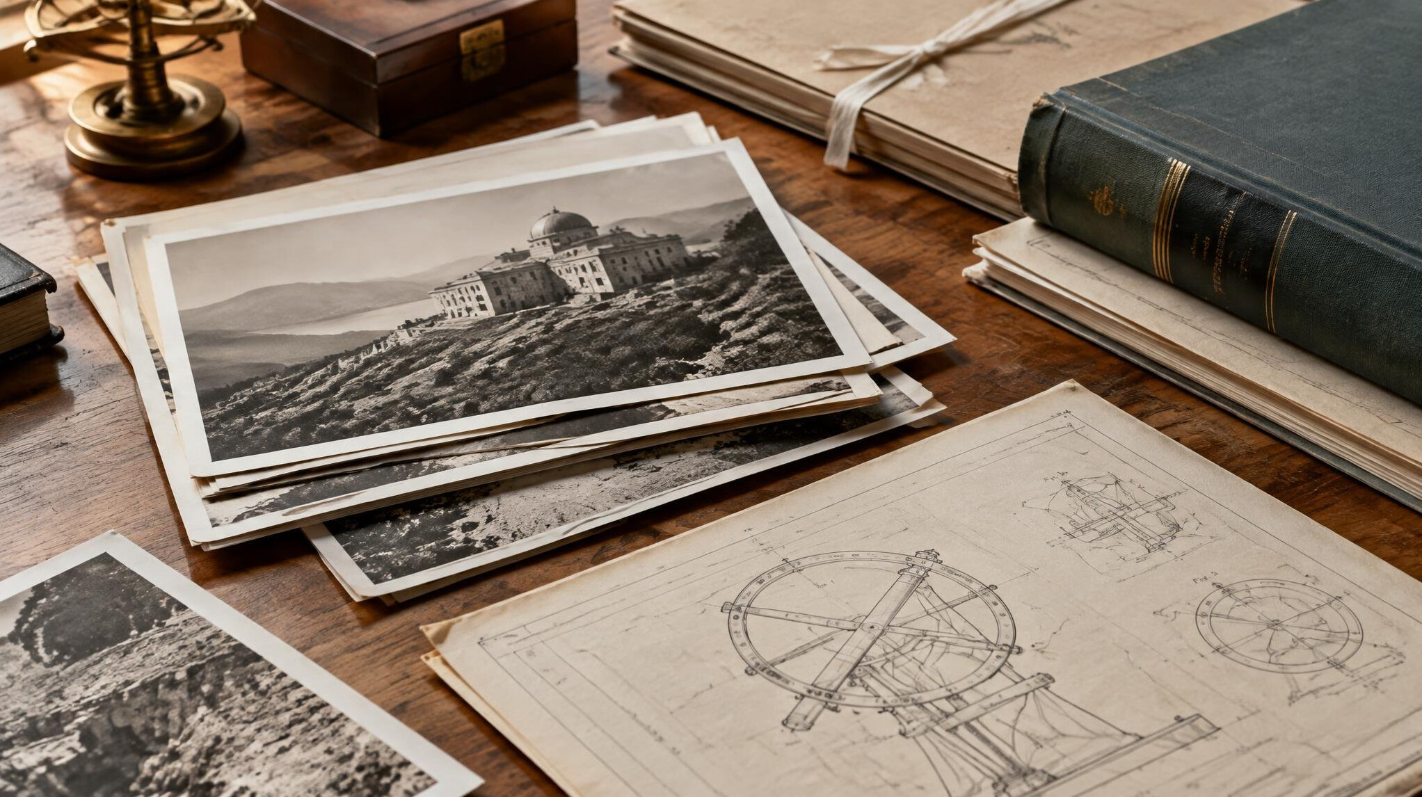 Stack of archival photographs and documents on a desk