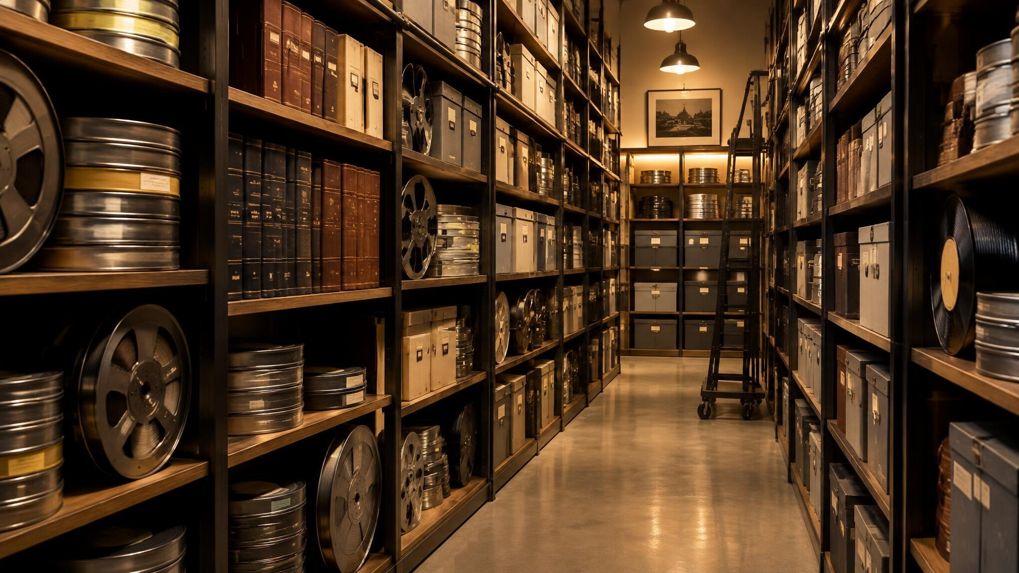 Archive shelves with film reels and bound documents