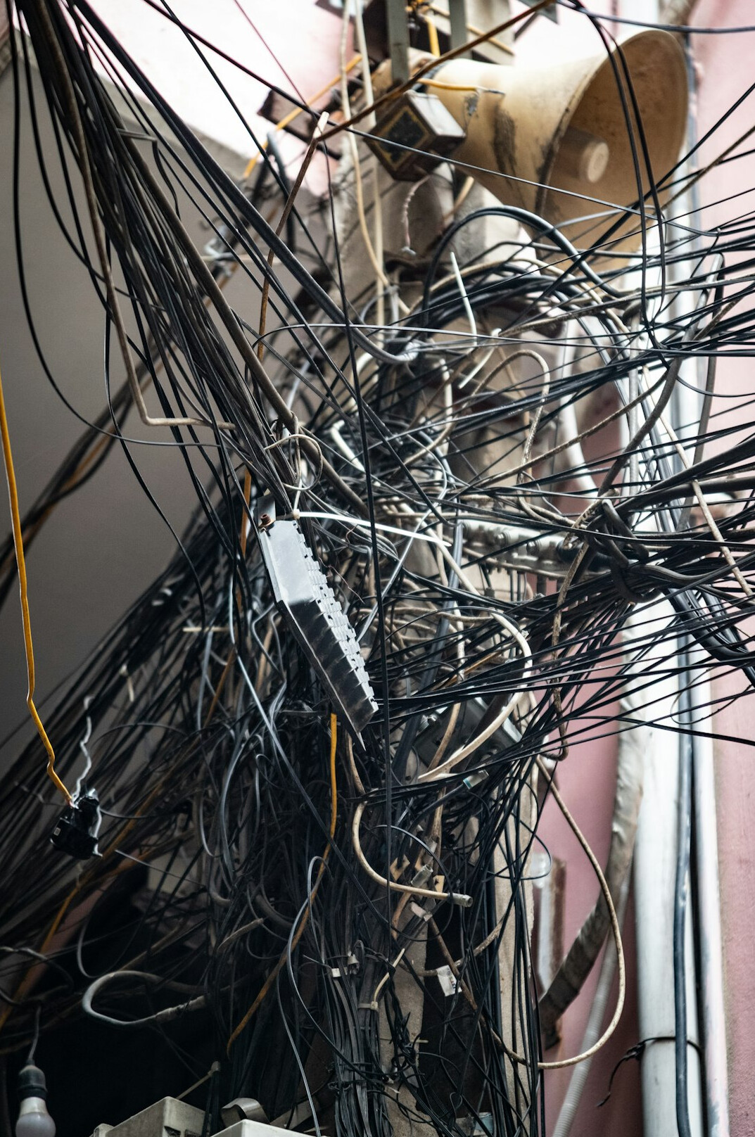 Tangle of broadcast cables and patch panel