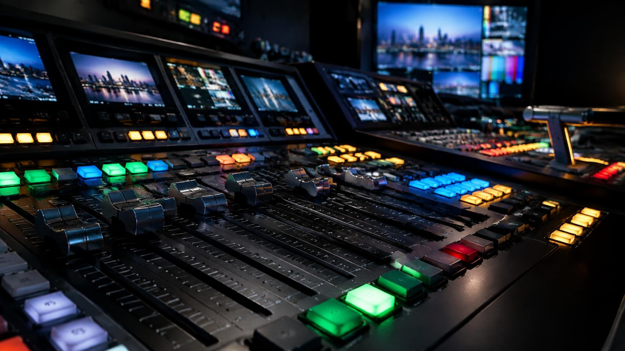 Close-up of a broadcast mixing console with buttons