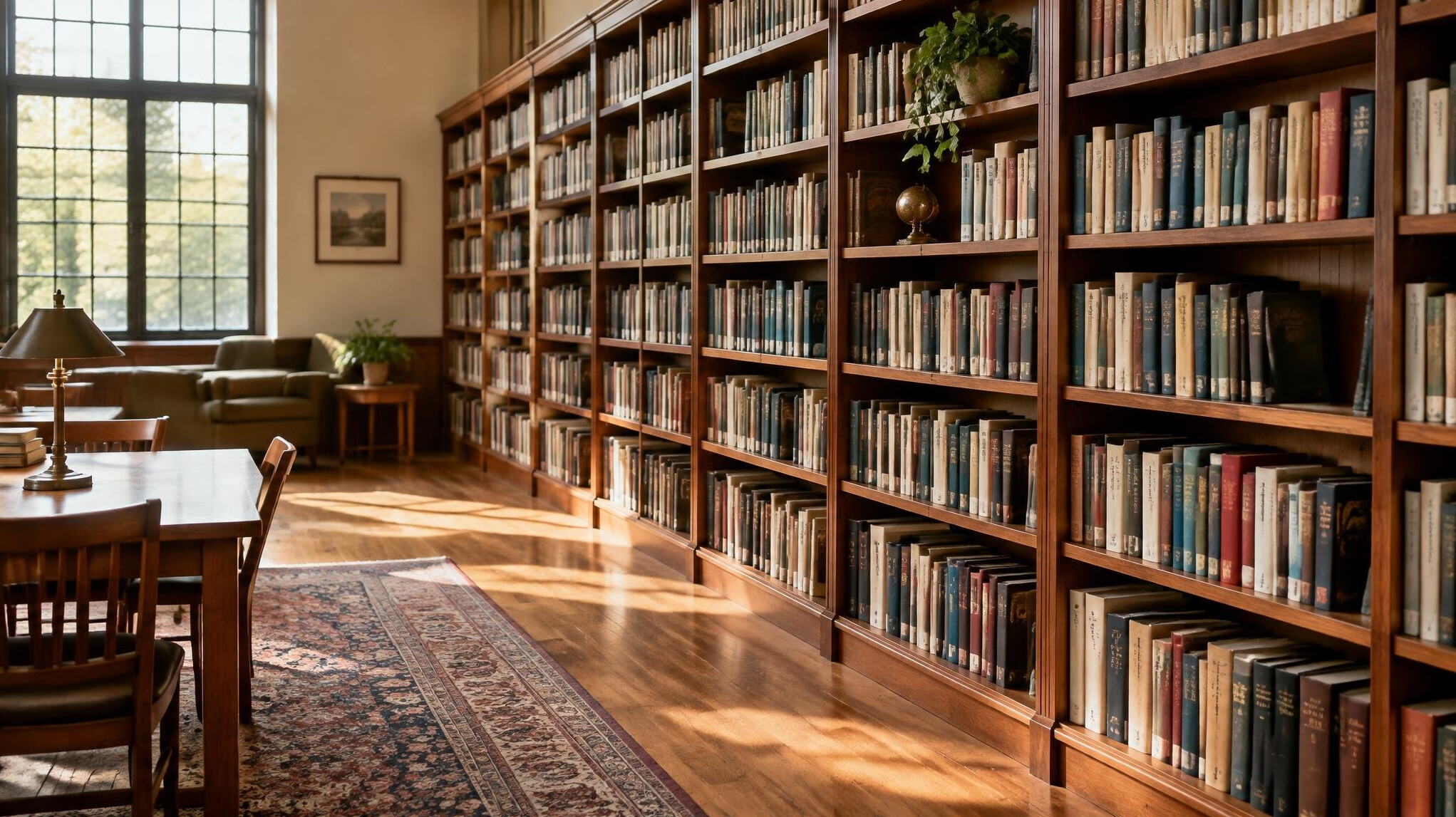 Wide view of bookshelves filled with books