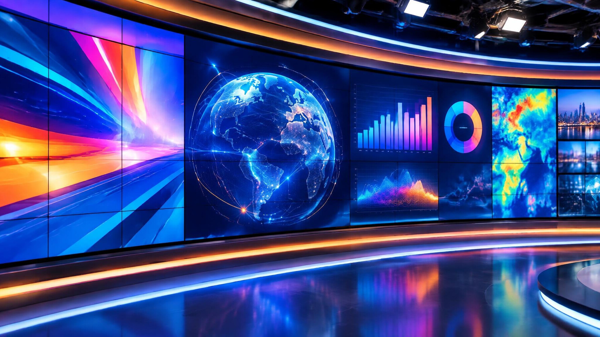 Wall of monitors displaying abstract broadcast graphics