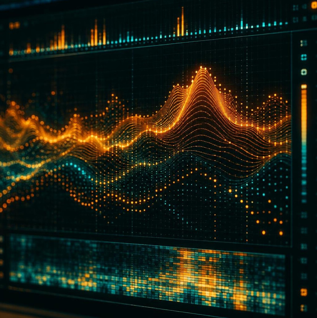 Abstract glowing data visualisation on dark screen