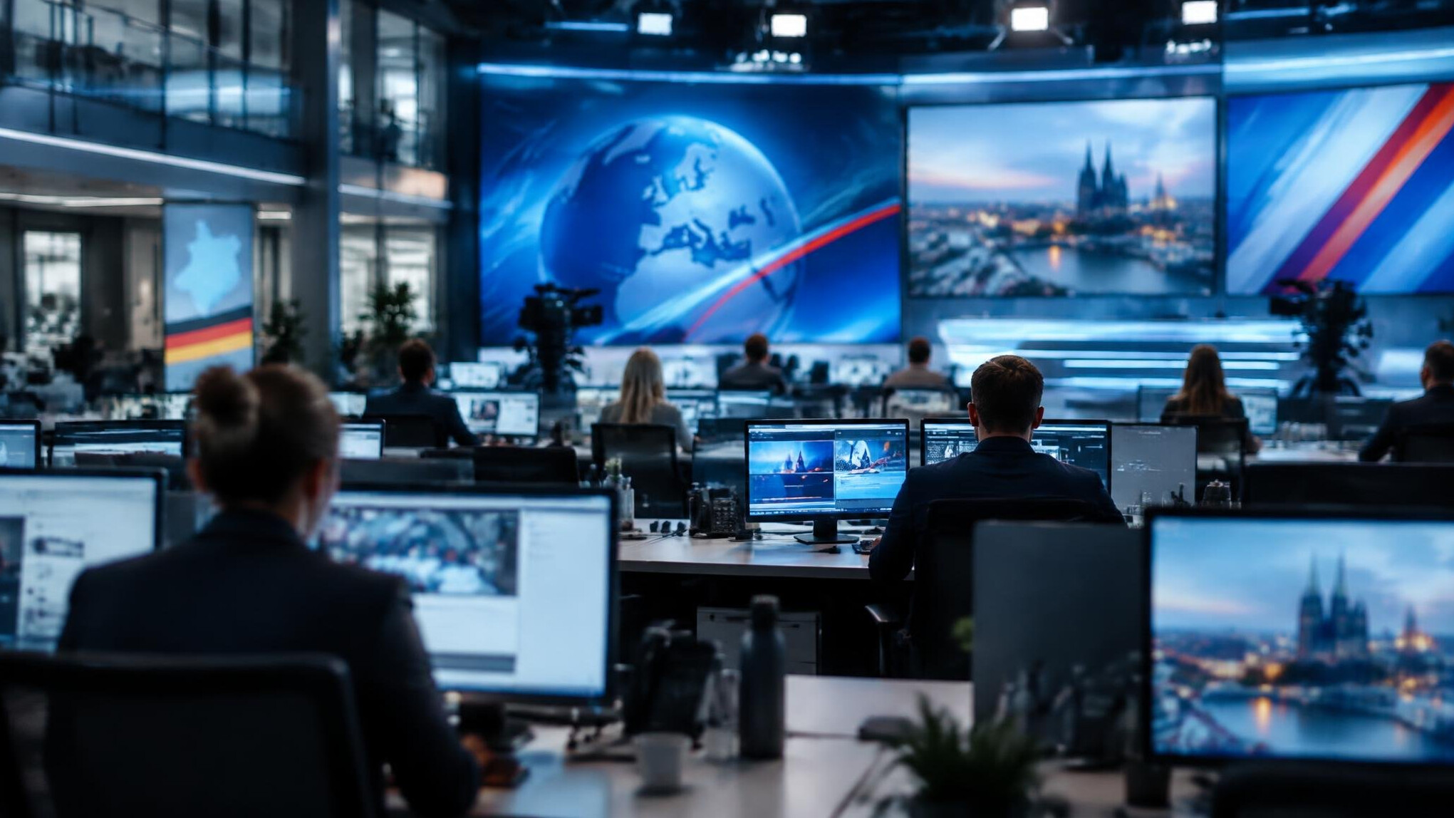 Wide shot of a modern newsroom with desks and screens